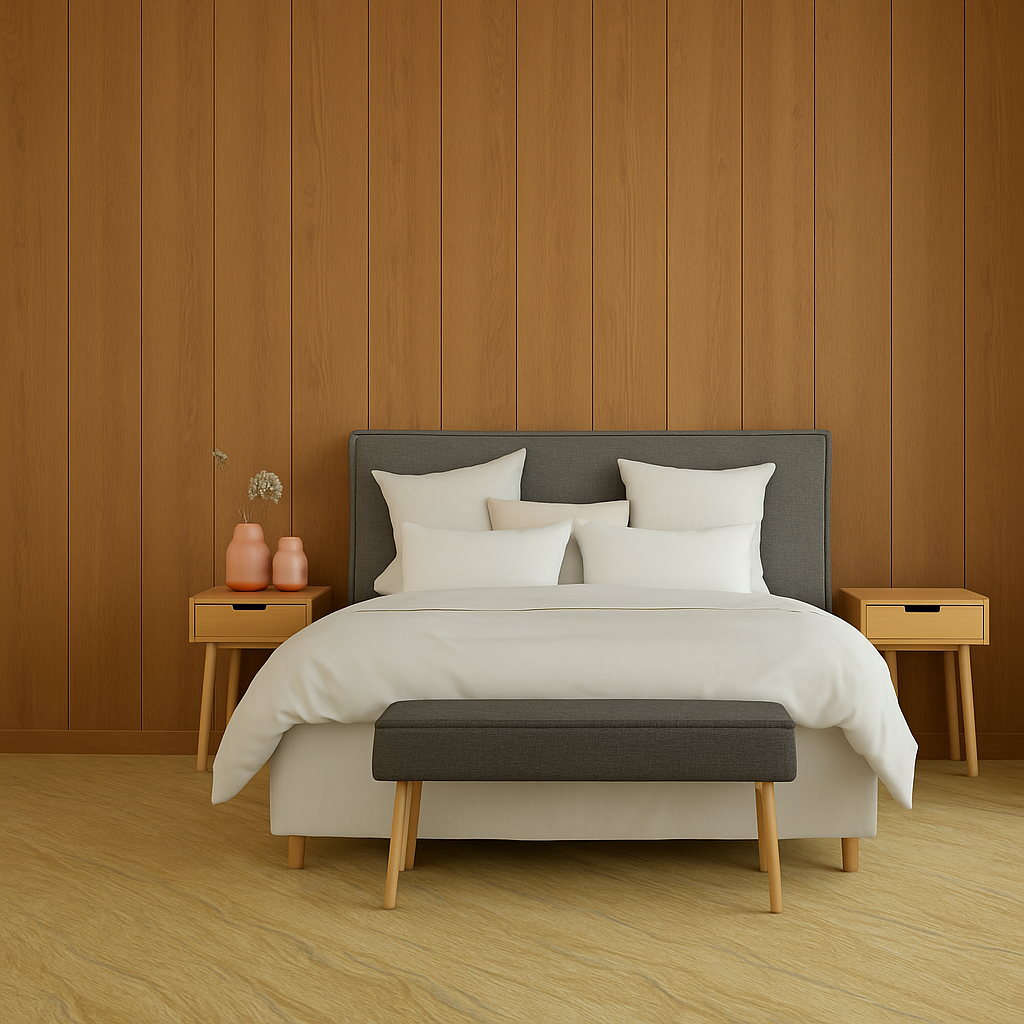 Bedroom with wood accent wall and white bed with pillows